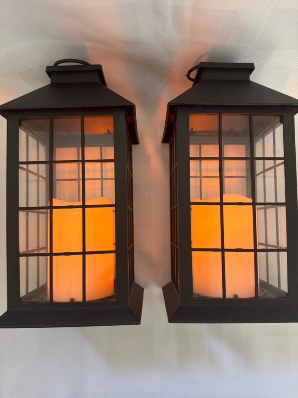 Black Plastic Wall Lanterns with Glass Warm LED Candles - Set of 2 with Timer